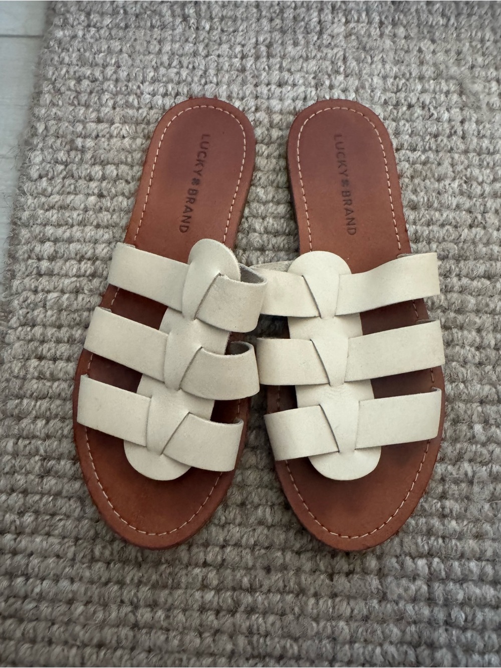 Lucky Brand Cream Braided Leather Slide Sandals